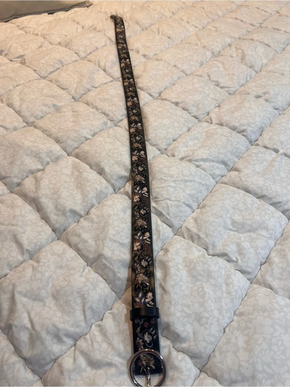 Nordstrom Black Floral Embroidered Belt with Silver Ring Buckle